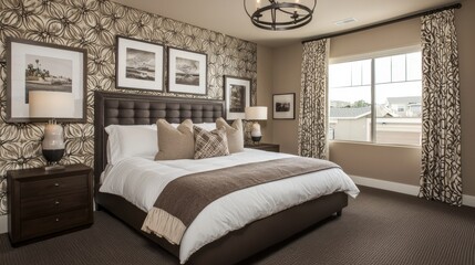 Naklejka premium Contemporary bedroom with elegant abstract wallpaper, soft textiles, framed posters, and modern lighting. --chaos 20 --ar 16:9 --quality 2 --v 6.1 Job ID: efc93217-0442-4088-b0a7-55d42cf5e654