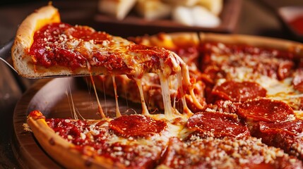 Classic Chicago Deep-Dish Pizza: Layered Cheese Pulls and Tomato Sauce in Cast Iron Pan with Crispy Crust
