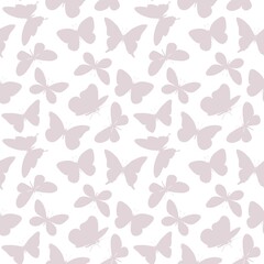 Seamless pattern with hand drawn mauve silhouettes of butterflies on the white background. Perfect for textile, wrapping paper, fabric, backdrop, wall hanging, scrapbooking, home decoration, bedding