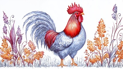 Watercolor Rooster in Wildflower Field