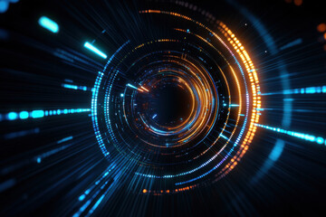 Obraz premium Vibrant abstract background featuring dynamic light trails in blue and orange hues creating sense of depth and motion