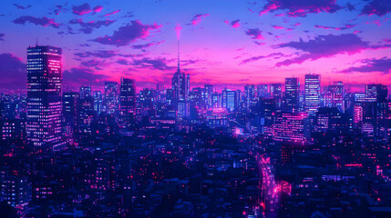 Obraz premium Pixelated Night Cityscape with Vivid Purple and Blue Hue Dominated Skyline Architecture and Building Exterior in an Urban Environment