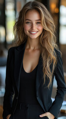 Obraz premium Young businesswoman smiling confidently in black suit, exuding professionalism and charm in modern office setting