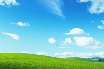 Fototapeta premium Serene landscape of vast blue sky with scattered white clouds and gentle hills , peaceful, scenery