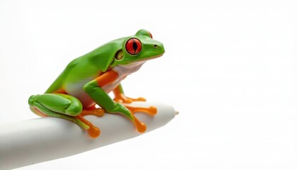 Fototapeta premium Green tree frog perched on white, vibrant color , background, legs