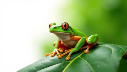 Naklejka premium Green tree frog perched on white, vibrant color , detail, macro photography