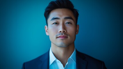 A determined young professional gazing directly ahead, conveying confidence and ambition against a cool blue backdrop.