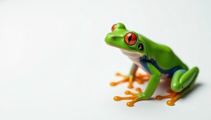 Obraz premium Green tree frog perched on white, vibrant skin, amphibian, zoology, studio