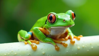 Green tree frog perched on white, vibrant skin, animal, macro, frog