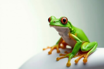 Naklejka premium Green tree frog perched on white, vibrant skin, exotic, bright, herpetology