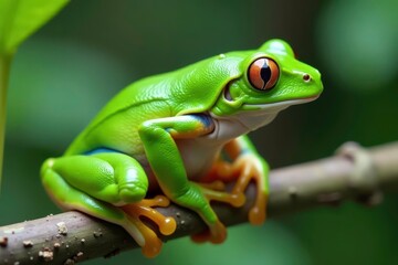 Naklejka premium Green tree frog perched on white, vibrant skin, tree frog, reptile