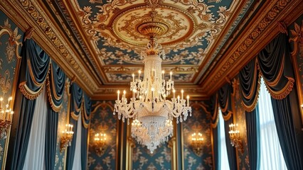 Obraz premium Elegant baroque interior with ornate chandelier and luxurious drapes in historic room