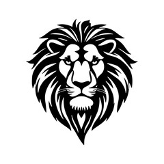 Obraz premium A black and white graphic illustration of a lion's head looking directly forward, depicting its mane and facial features.