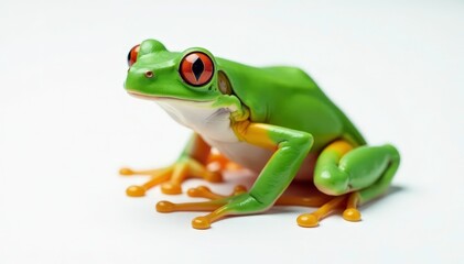 Obraz premium Green tree frog perched on white, vibrant skin, amphibian photography, animal photography, macro photography