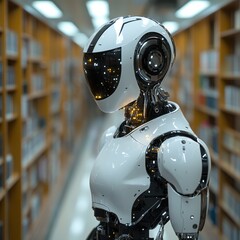 Fototapeta premium Humanoid Robot In Library Aisle