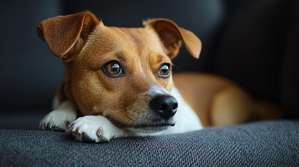 Cute dog resting on a couch, looking curious.
