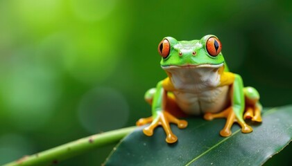 Fototapeta premium Green tree frog perched on white, vibrant skin, illustration, swamp