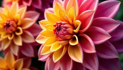 Intricate dahlia blooms, vibrant colors, close-up view, romantic, vintage
