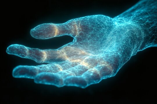 A digital representation of a hand, glowing with energy, floating in the dark
