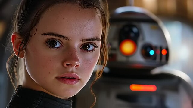 A close-up portrait of Rey from Star Wars with her droid companion, featuring intense gaze.