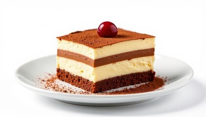 Individual tiramisu portion, dusted cocoa, white background , ingredient, food, delicious