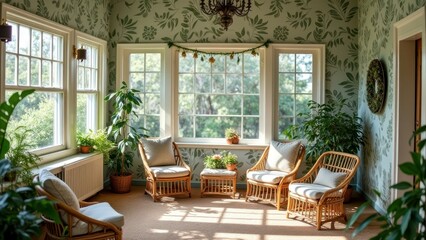 Fototapeta premium Bright sunroom with rattan furniture and lush green plants