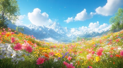 Spring flowers meadow, snow-capped mountains, sunny sky, idyllic landscape, nature scene