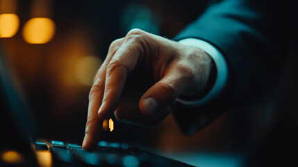 A hand in a suit typing on a keyboard with a blurred background and warm and cool lighting effects