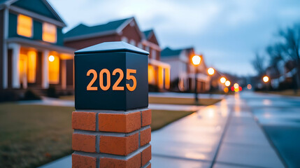 Brick Signpost with 2025 in Suburban Neighborhood at Night