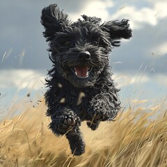 Energetic dog joyfully running in grassy field.