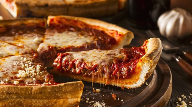 Classic Chicago Deep-Dish Pizza: Layered Cheese Pulls and Tomato Sauce in Cast Iron Pan with Crispy Crust
