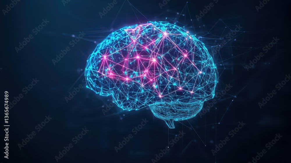 Poster intricate illustration of a human brain with interconnected lines and dots symbolizing neural networ