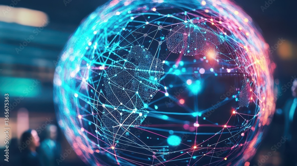 Poster a vibrant globe surrounded by a dynamic network of interconnected lines and dots symbolizing global 