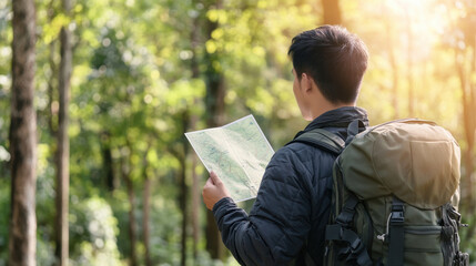 Fototapeta premium Male hiker pausing in a sunlit forest, consulting a paper map for navigation and direction