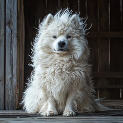 Fluffy white dog sitting on wooden porch.