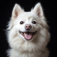 Fluffy white dog smiling against black backdrop