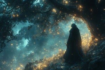 Mystical figure silhouetted against a breathtakingly enchanting ethereal landscape illuminated with countless sparkling lights. The image captures the essence of mystery and wonder.