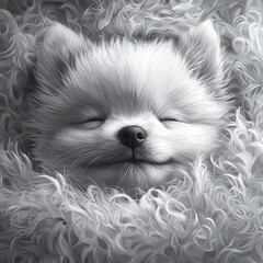 Fluffy white puppy peacefully sleeping in comfort.