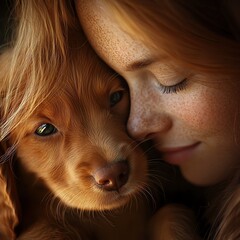 Girl bonding with puppy, warm and tender moment.