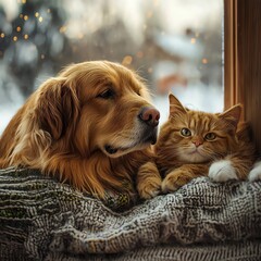Golden dog and cat together by a cozy window.