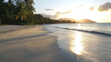 Tropical beach sunset, calm waves, white sand, palm trees, tranquil scene. Use for travel, relaxation, vacation
