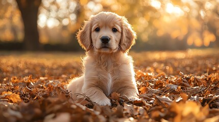 Golden puppy sitting amidst autumn leaves.