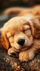 Golden puppy sleeping peacefully on ground.