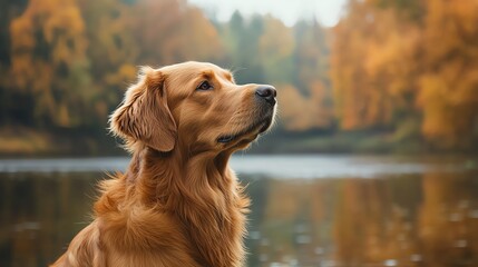 Golden retriever by autumn lake scenery