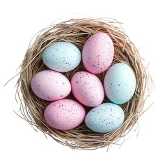 Obraz premium easter concept, Colorful eggs nestled in a straw nest on a dark background.