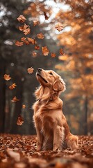 Golden retriever enjoys autumn leaves falling.