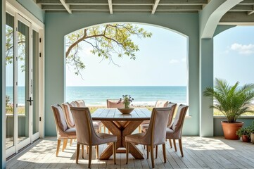 Obraz premium Elegant beachfront patio dining area with ocean view and stylish furniture