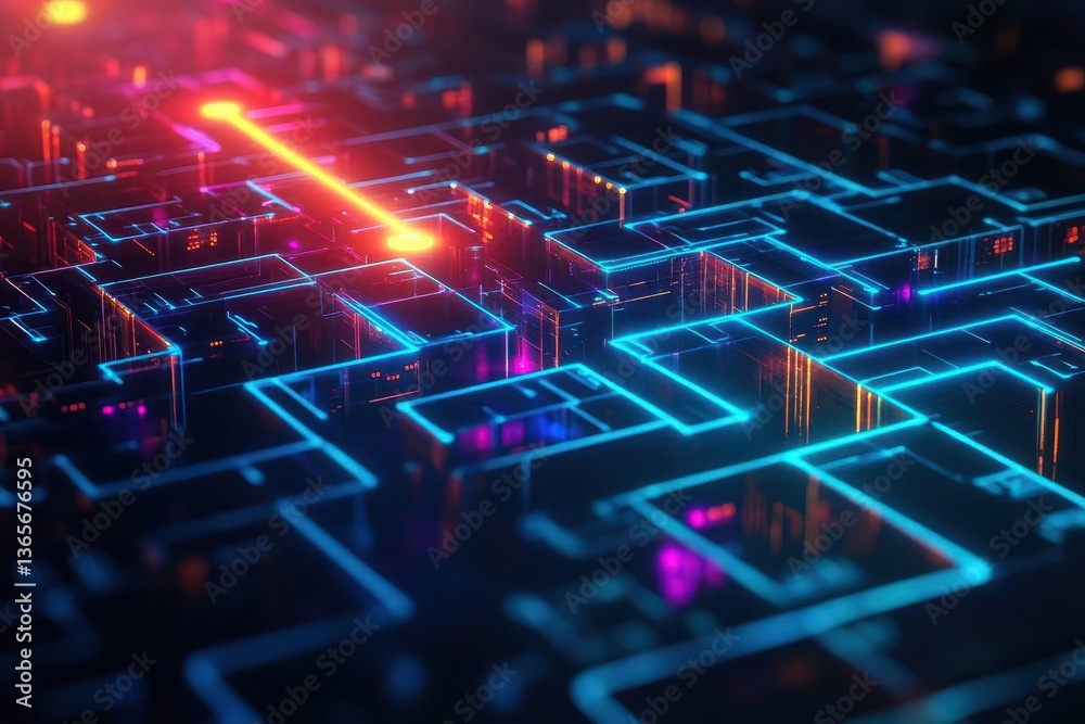 Poster futuristic computer circuit board with radiant blue and pink lights illuminating intricate patterns 