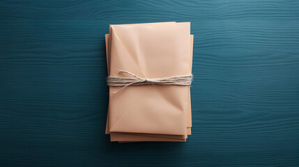 Bundle of Beige Letters Tied with Twine on Dark Teal Wooden Table