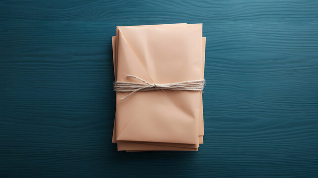 Bundle of Beige Letters Tied with Twine on Dark Teal Wooden Table